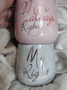 Mrs Always Right & Mr Right Marble Ceramic Mug Set - Pink and Gray NWOT